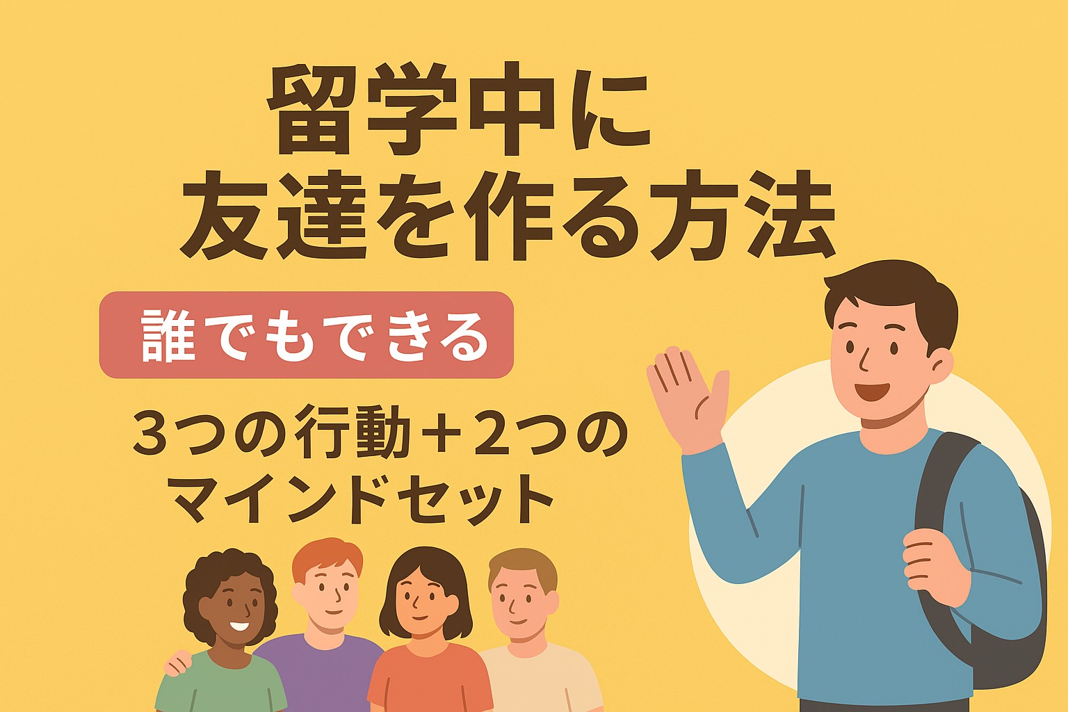 留学で海外の友達を作る方法を解説する記事のアイキャッチ。