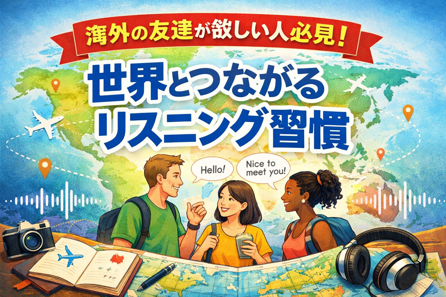 海外の友達が欲しい人向けに、世界地図を背景に多国籍の若者が英語で会話しているイラスト
